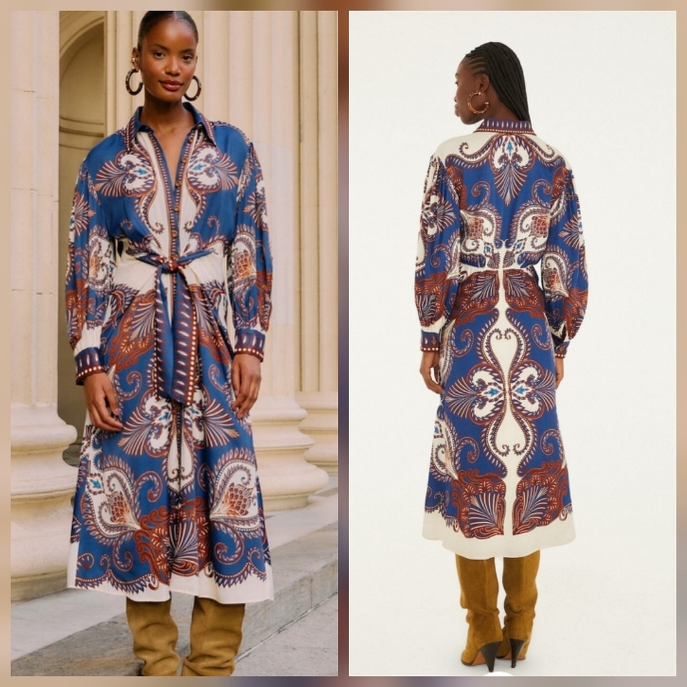 Farm Rio Blue and Brown Midi Dress